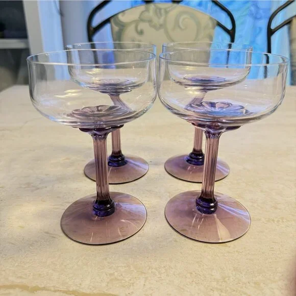 Set Of 4 Vtg. Fostoria Corsage Plum Purple Flower Stem Crystal Champagne Glasses
